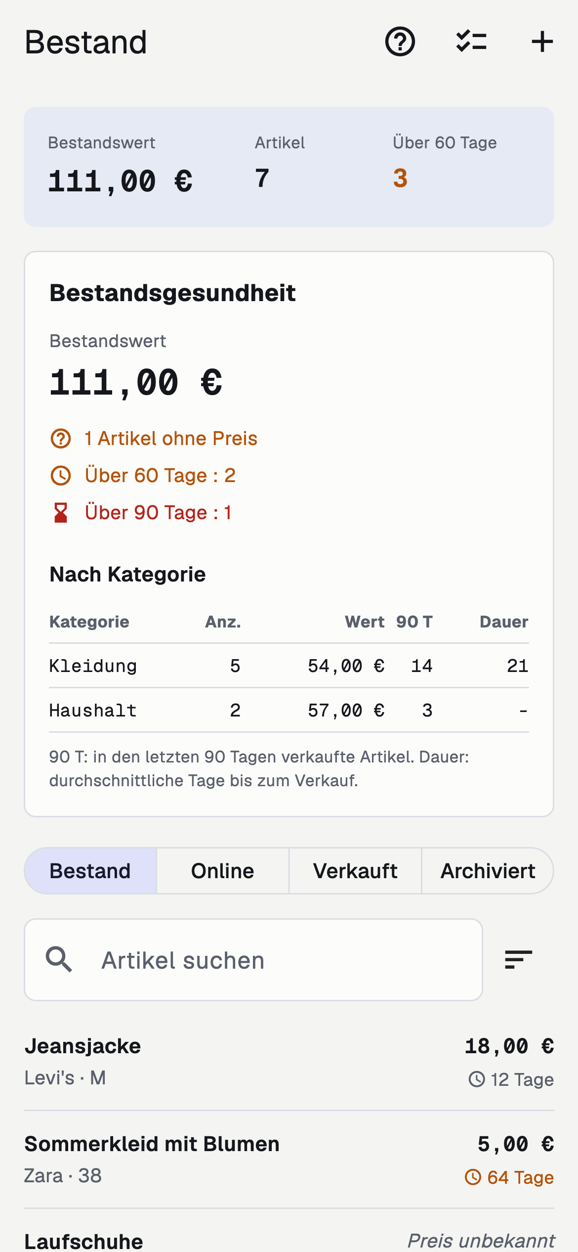 Bestand mit Einkaufspreisen