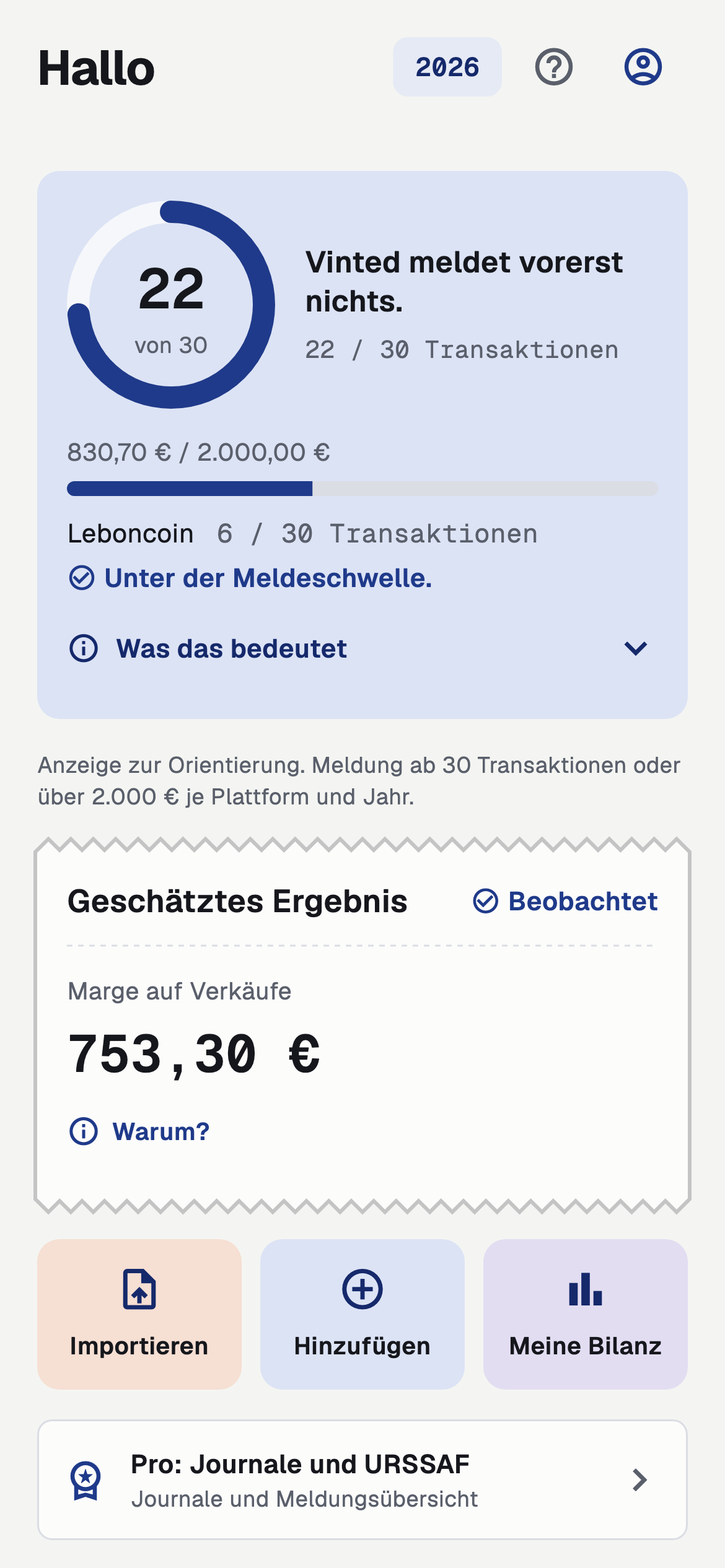 Startseite der App mit dem DAC7-Zähler