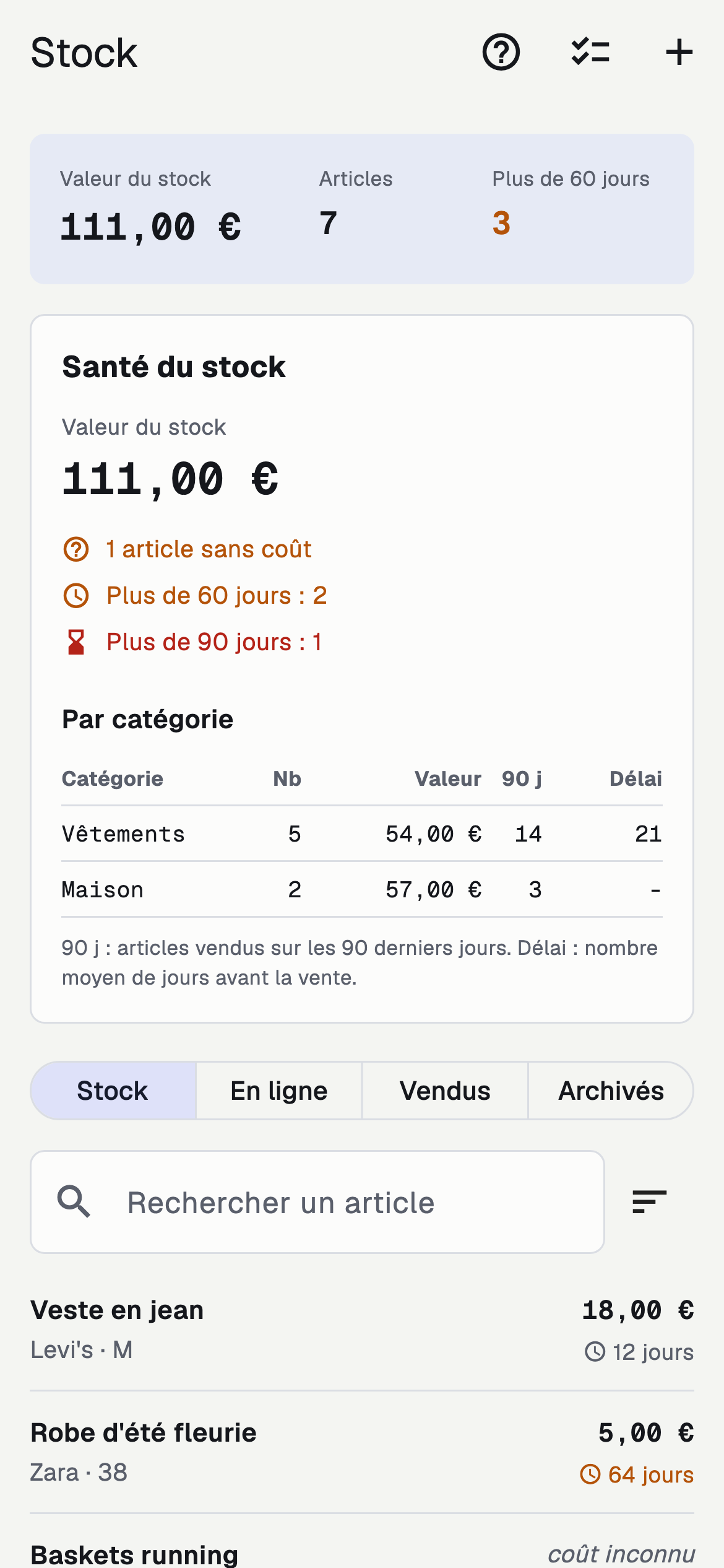 Stock avec prix d'achat